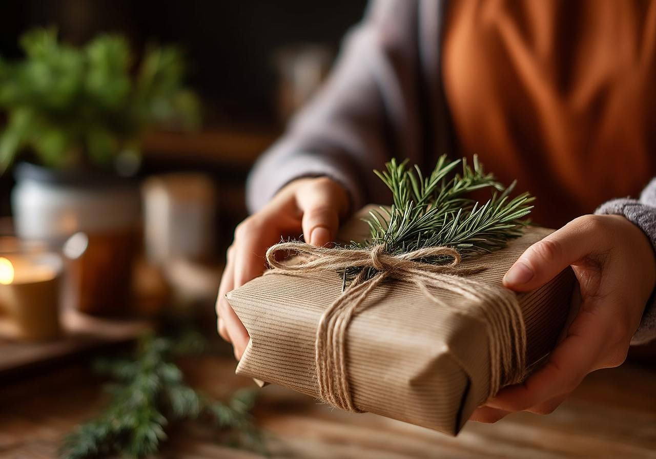 A woman holds a wrapped gift adorned with twine and a sprig of pine. The wrap is made from recycled paper.
